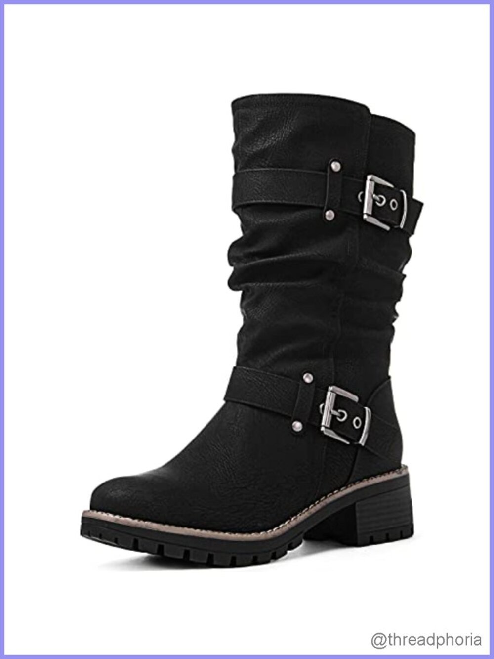 Chunky Mid Calf Combat Boots Faux Leather Low Heel Biker Style